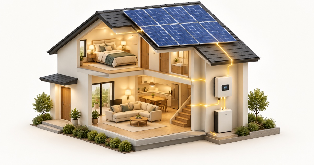 Illustration of a home with rooftop solar panels, an inverter and battery